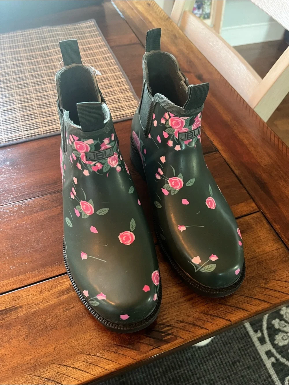 JBU Women's Dark Green Floral Waterproof Chelsea Rain Boots